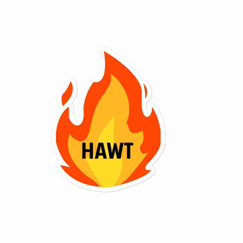 A sticker of a fire with the word "hot" in the middle.