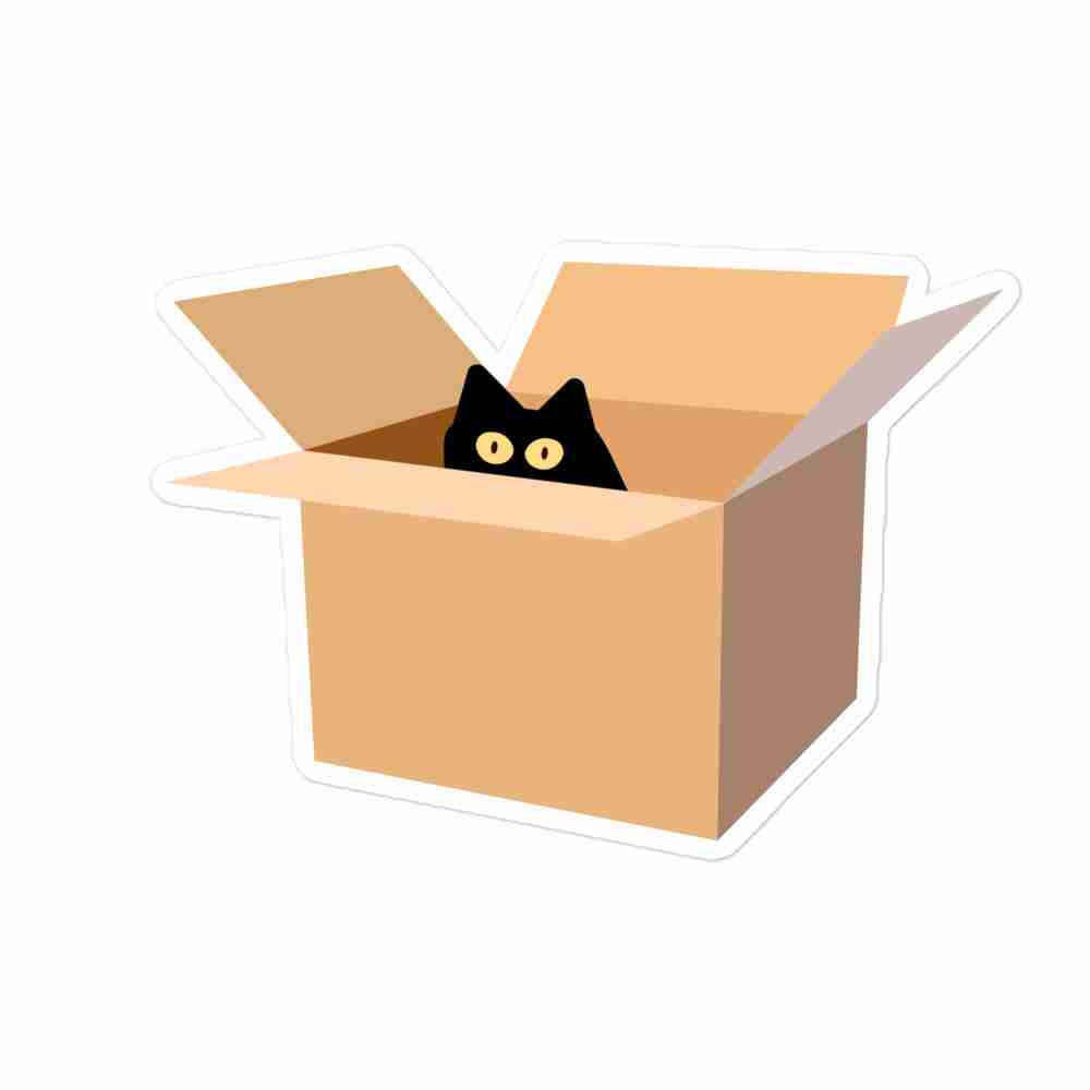 A sticker of a black cat with pale yellow eyes peering out of a cardboard box.