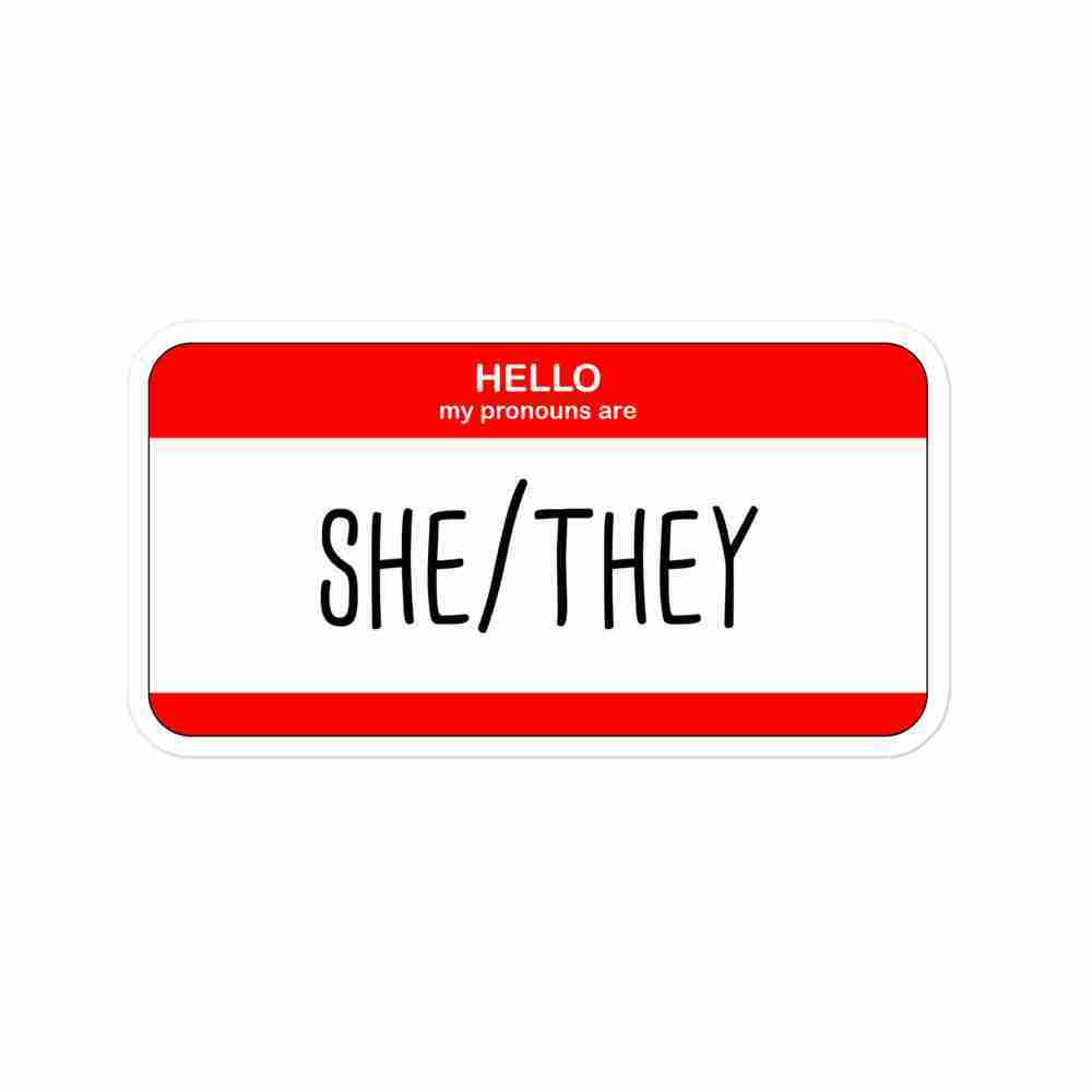 A sticker of a name tag reading "Hello my pronouns are she/they".
