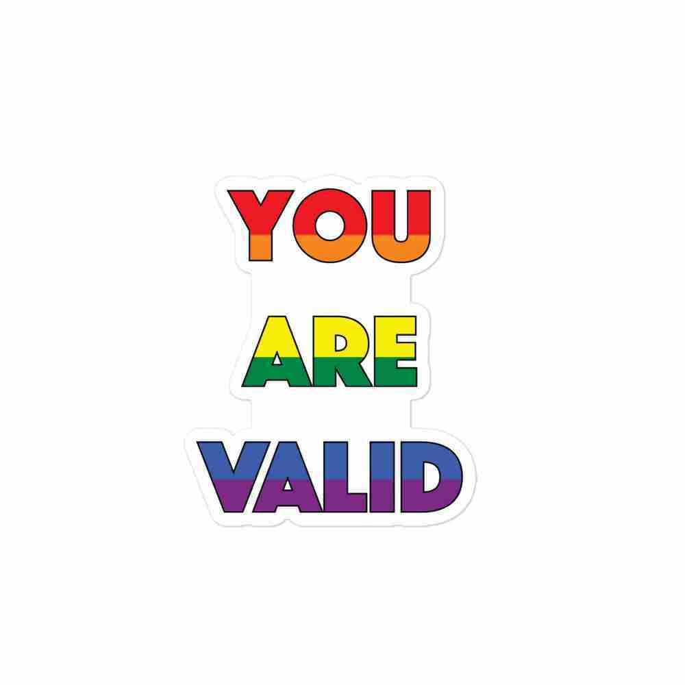 A sticker of text reading "You are valid" in all caps; "You" is striped red and orange horizontally, "are" is striped yellow and green horizontally, and "confused" is striped blue and purple horizontally.