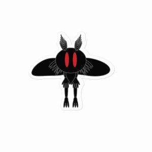 A sticker of a black moth humanoid with red eyes.