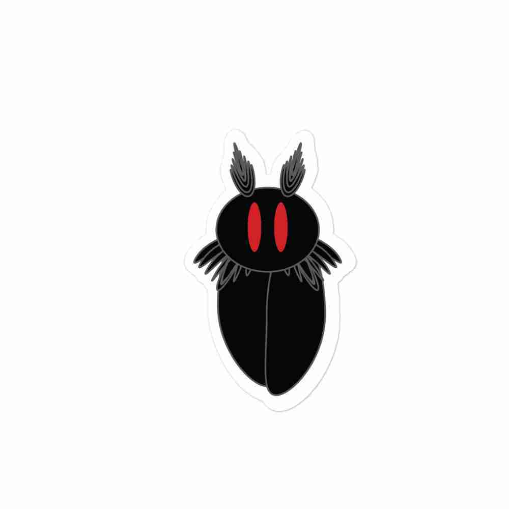 A sticker of a black moth humanoid with red eyes, wings folded around his body.