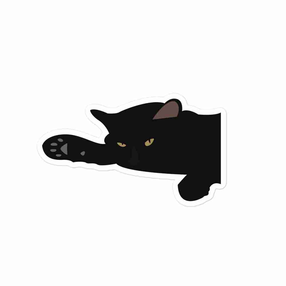 A sticker of a bust of a black cat laying on his side, stretching one paw out suggestively.
