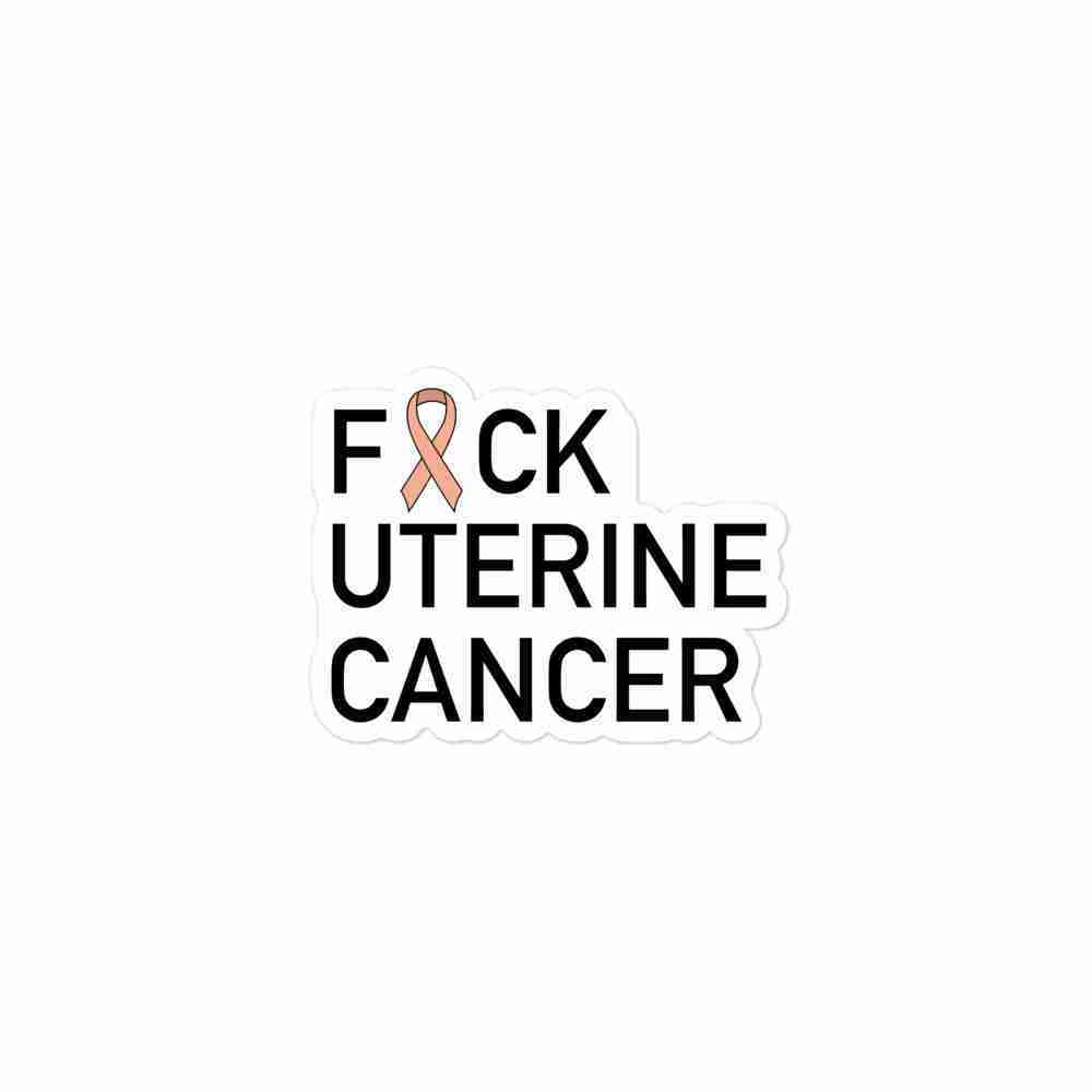 A sticker of text reading "Fuck Ovarian Cancer" with the U censored with a peach awareness ribbon.