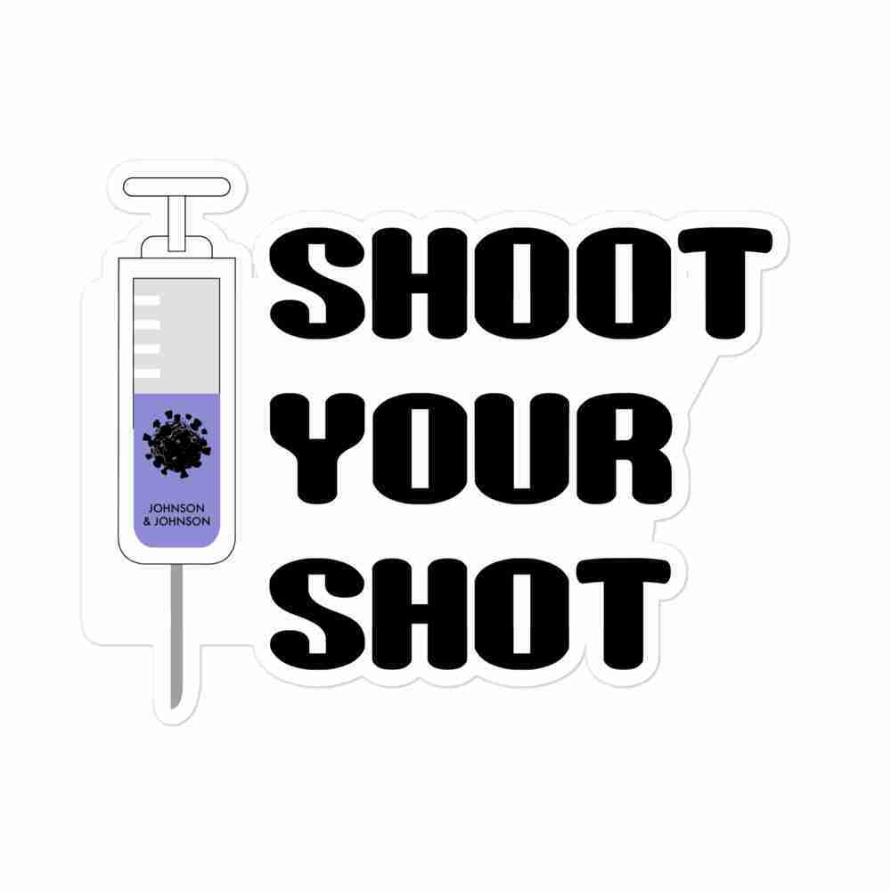 A sticker of a syringe full of a purple liquid, a black virus molecule, and the text "Pfizer" with text to the right reading "Shoot Your Shot" in a bold black rounded typeface.
