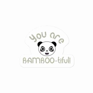 A sticker of a smiling panda with surrounding text reading "you are bamboo-tiful".