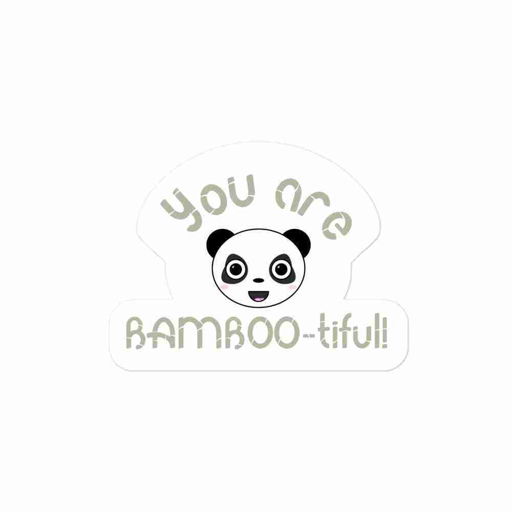 A sticker of a smiling panda with surrounding text reading "you are bamboo-tiful".