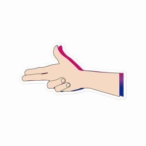 A sticker of a hand in a finger gun gesture with a bi flag-gradient shadow.