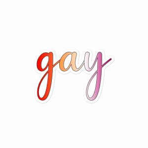A sticker of rainbow-colored text reading "gay" in a cursive typeface.
