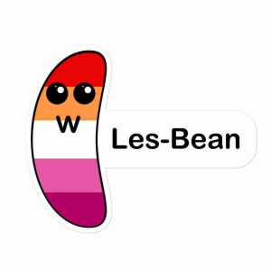 A sticker of a lesbian flag-striped bean with a cute expression, and text to the right reading "les-bean".