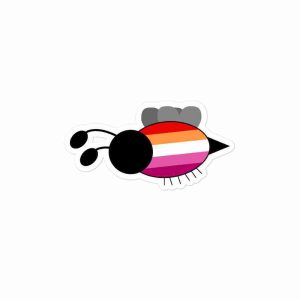 A sticker of a bee with a striped body (red, orange, white, pink, and magenta).