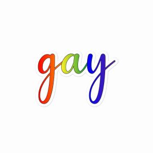 A sticker of rainbow-colored text reading "gay" in a cursive typeface.