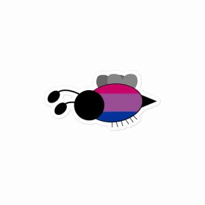 A sticker of a bee with a striped body (magenta, purple, royal blue).