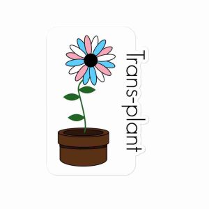 A sticker of a plant colored like the trans flag in a pot; text to the right reads "trans plant".