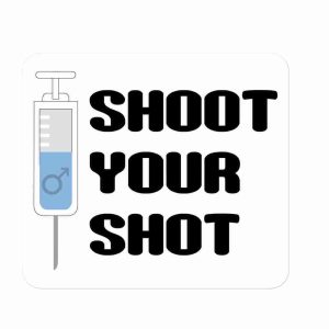 A sticker of a syringe full of a light blue liquid, a blue male symbol, and the text "Pfizer" with text to the right reading "Shoot Your Shot" in a bold black rounded typeface.