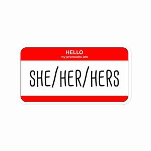 A sticker of a name tag reading "Hello my pronouns are she/her/hers".