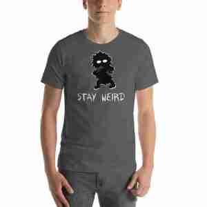 A man wearing the Unisex Premium "Stay Weird -- Jim the Sasquatch" t-shirt in the color Asphalt.