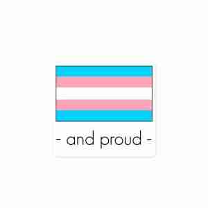 A sticker of a transgender pride flag with text underneath reading "and proud".