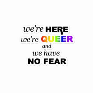 A sticker of text reading "we're here, we're queer, and we have no fear". "Here" and "no fear" are bolded, the tip of the R is a downward arrow, and "Queer" is a rainbow gradient.