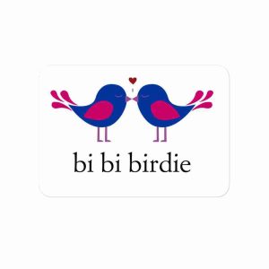A sticker of two birds with royal blue and magenta plumage kissing with a small heart between them. Text underneath reads "bi bi birdie".