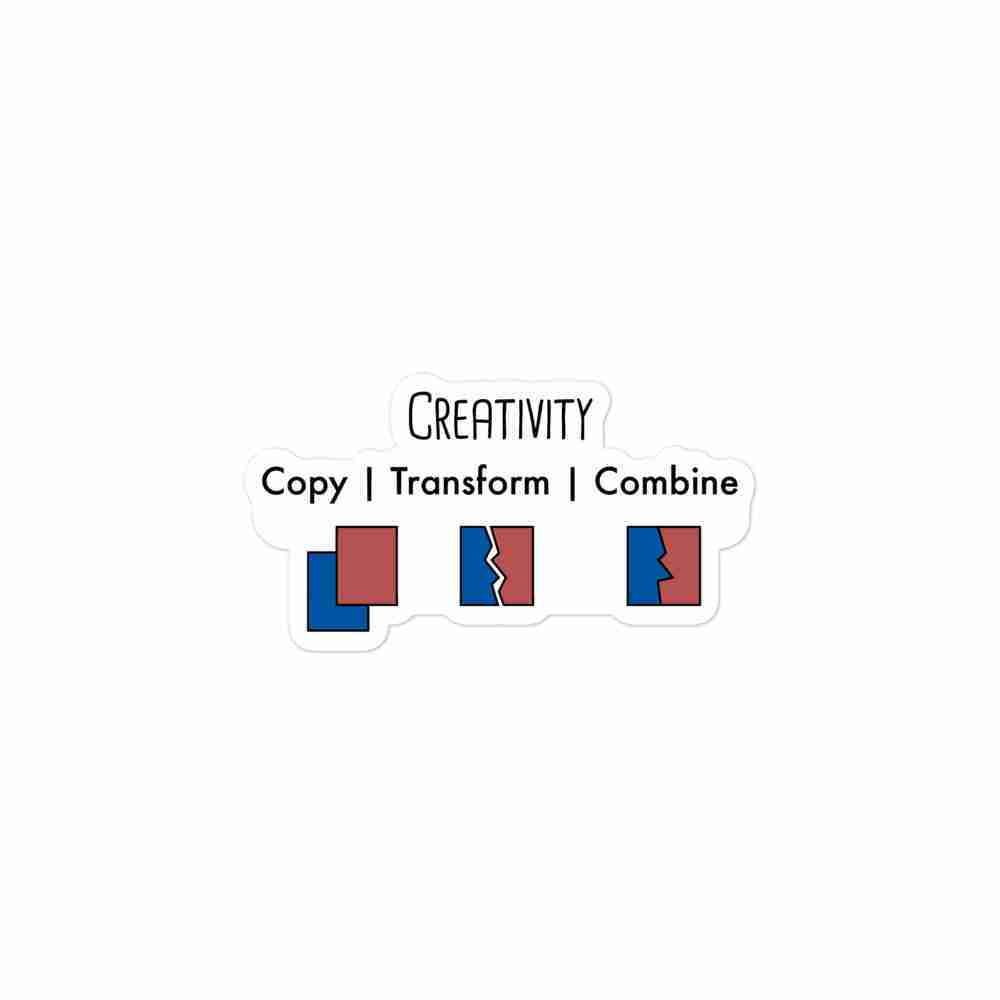 A sticker of three graphics: two overlapping rectangles, one red and one blue; jagged halves of each; and the two opposite colored halves joining together. Text above reads "creativity. copy, transform, combine".