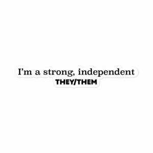 A sticker of text reading "I'm a strong independent they/them".