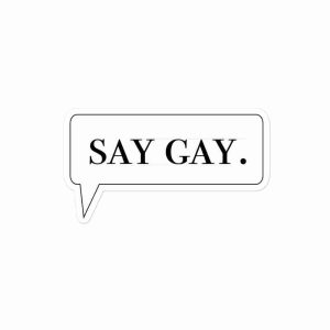 A sticker of a speech bubble with the text "Say Gay".