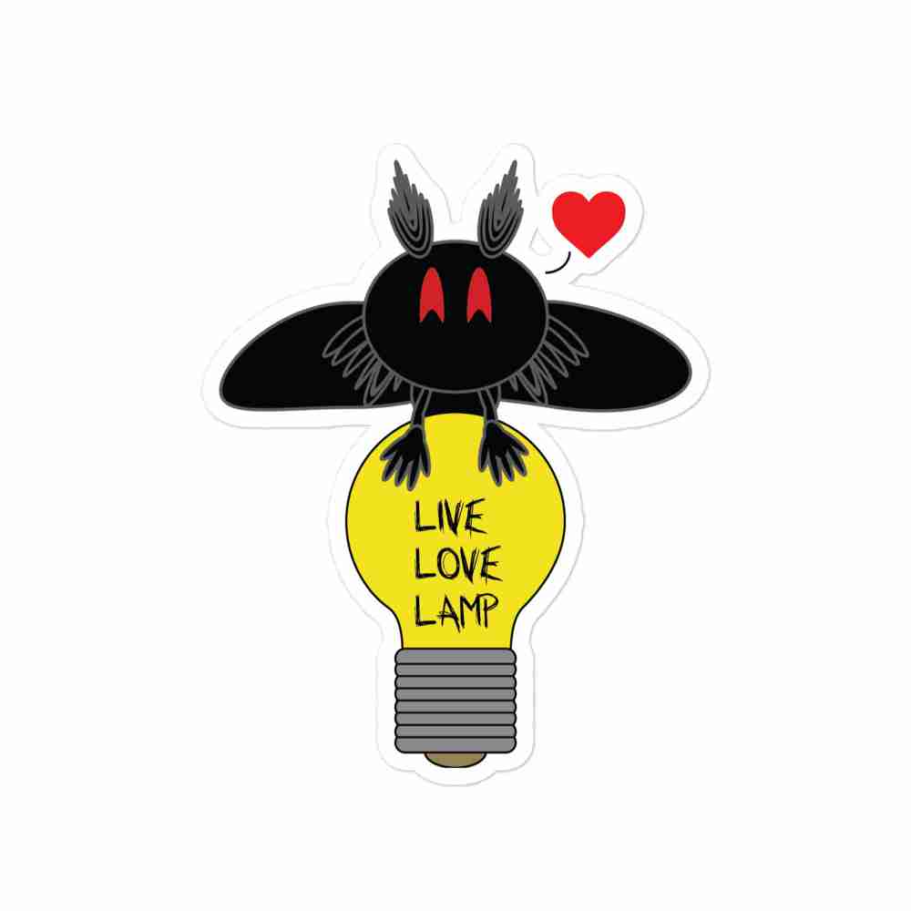 A sticker of Mothew Mann standing behind a lightbulb printed with the words "live love lamp".