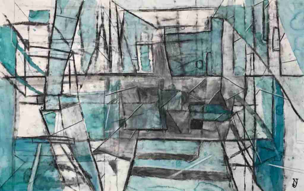 An abstract intersection of many lines, creating variously shaped areas some of which are filled in with charcoal or teal watercolor.