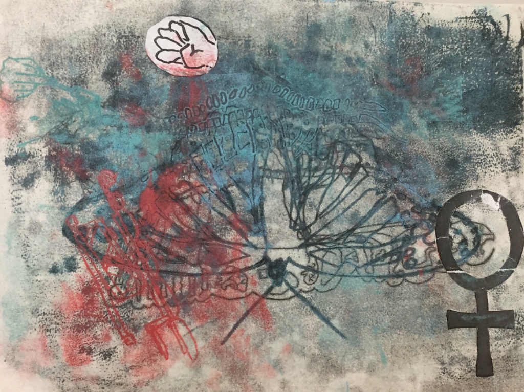 A chine collé and trace monotype piece related to riot grrrl feminism.