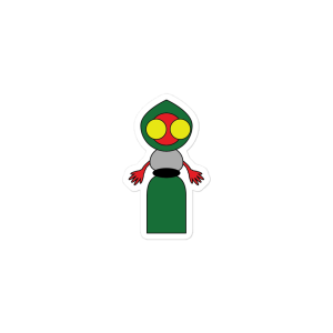 A sticker of a humanoid with red skin and large yellow eyes, dressed in a green dress/hood with a silver breastplate.