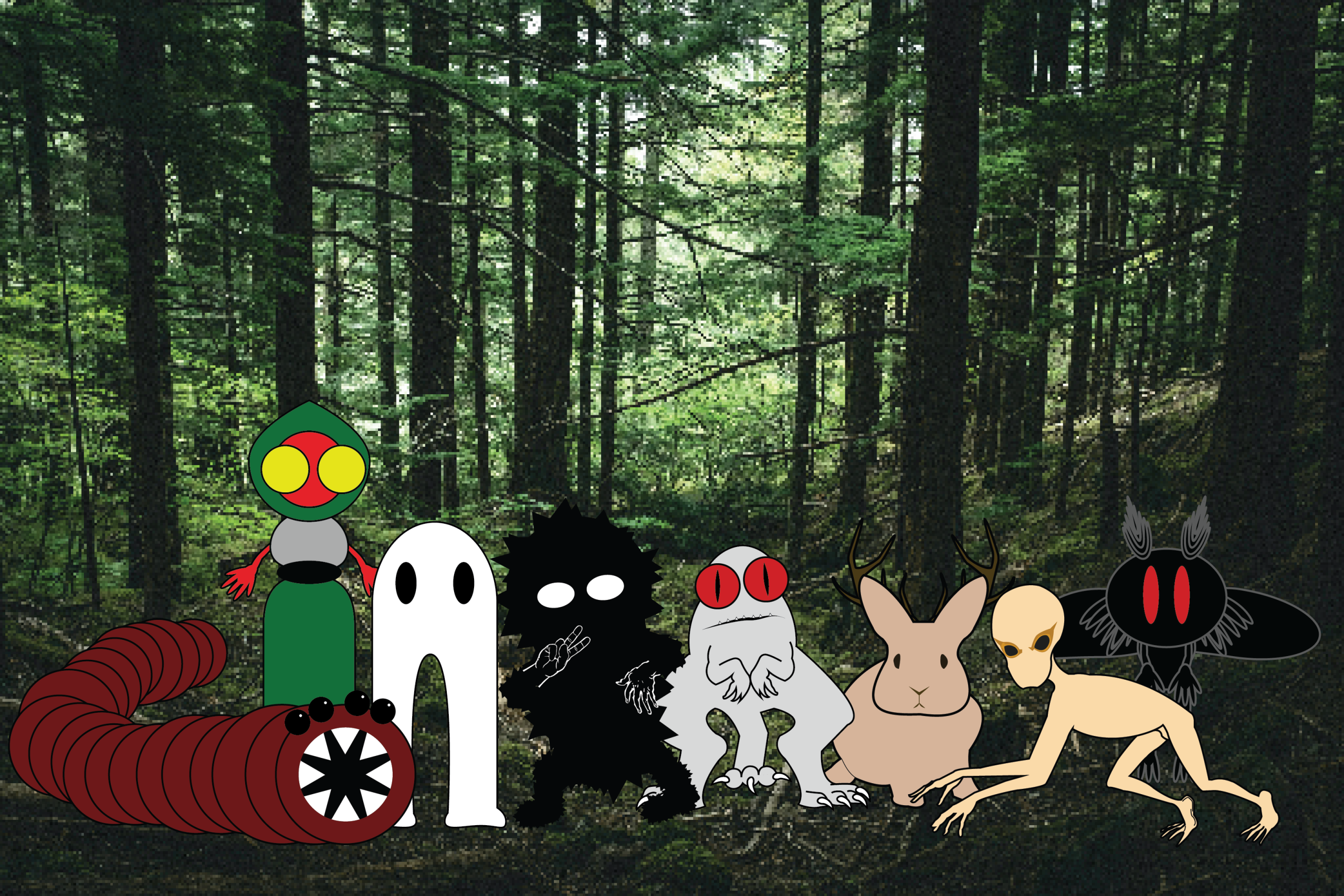 A forest clearing with the 'Fraidy Bunch standing in it. Left to right: Hugh Mongo, Braxie, the Fresno Nightcrawler, Jim the Squatch, The Enfield Horror, Jack A Lope, the Dover Demon, and Mothew Mann.
