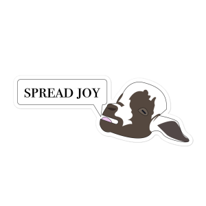 A sticker of Oslo the goat with a speech bubble reading "spread joy".