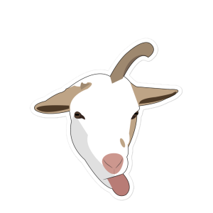 A sticker of Darryl the goat sticking his tongue out.
