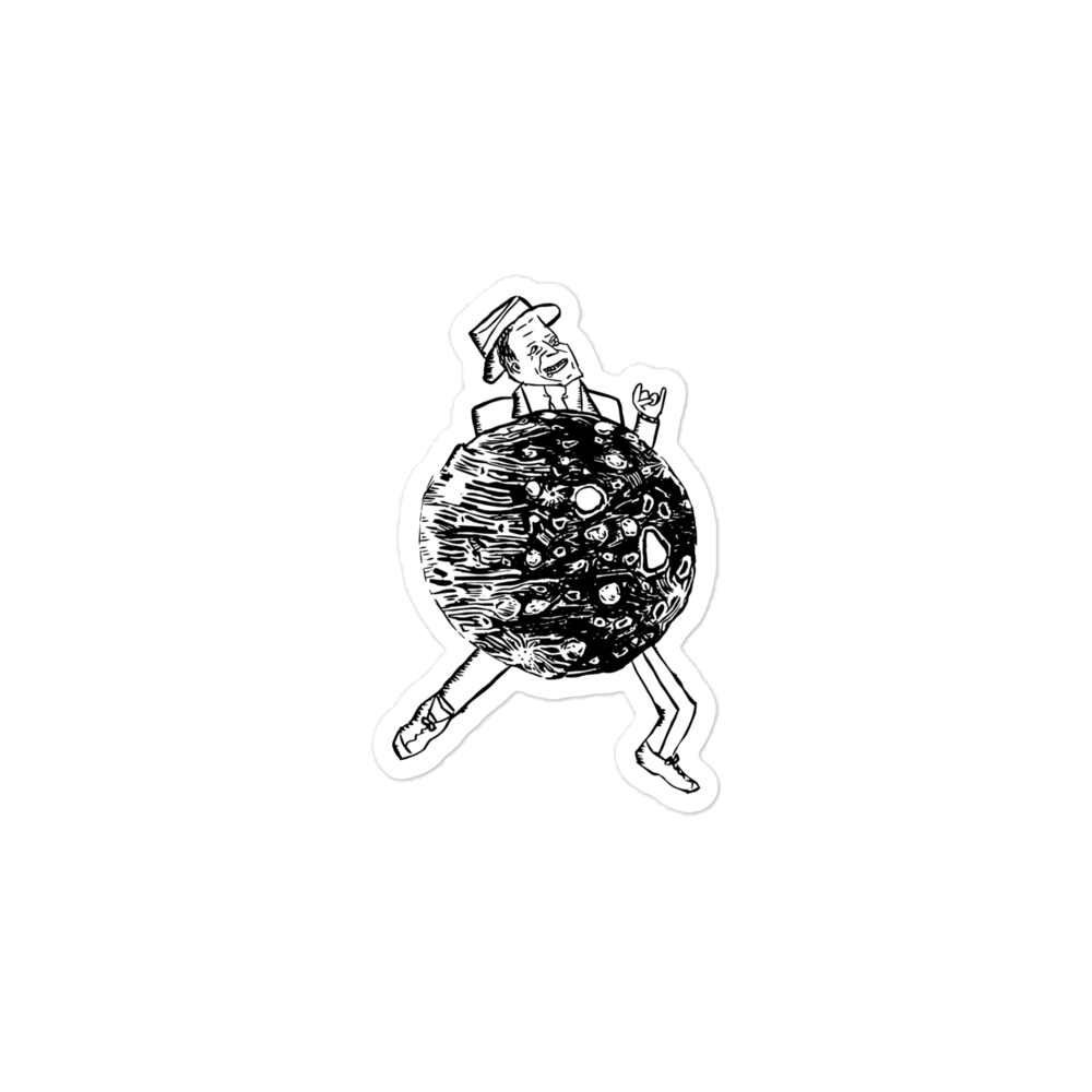 A sticker of a moon, behind which is a folk-art Frank Sinatra holding up a devil horns gesture and sticking out his tongue.