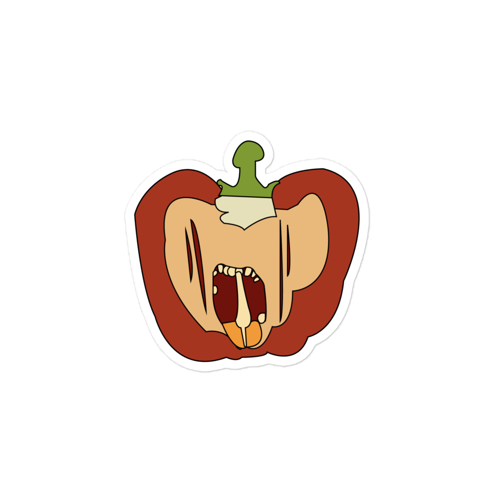 A sticker of a halved red bell pepper with a gaping mouth.