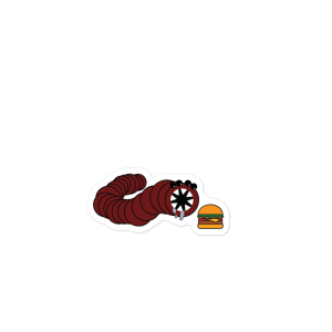 A sticker of a large red worm with four beady black eyes and a mouth full of razor sharp teeth, drooling as he stares at a cheeseburger.