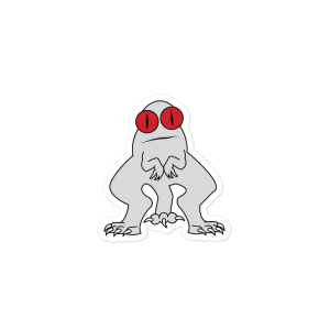 A sticker of a light gray, three legged creature with large red eyes, two small arms like a T rex, and small jagged teeth